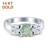 14K White Gold Three Stone Round Natural Green Amethyst Prasiolite Ring