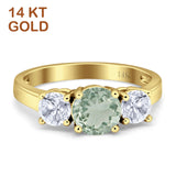 14K Yellow Gold Three Stone Round Natural Green Amethyst Prasiolite Ring