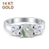 14K White Gold Three Stone Round Natural Green Moss Agate Ring