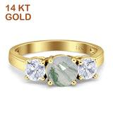 14K Yellow Gold Three Stone Round Natural Green Moss Agate Ring