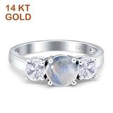 14K White Gold Three Stone Round Natural Moonstone Ring