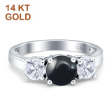 14K White Gold Three Stone Round Natural Black Onyx Ring