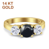 14K Yellow Gold Three Stone Round Natural Black Onyx Ring
