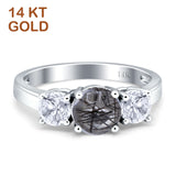 14K White Gold Three Stone Round Natural Rutilated Quartz Ring