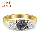 14K Yellow Gold Three Stone Round Natural Rutilated Quartz Ring