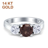 14K White Gold Three Stone Round Natural Chocolate Smoky Quartz Ring