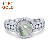 14K White Gold Round Natural Green Moss Agate Halo Bridal Ring