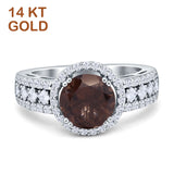 14K White Gold Round Natural Chocolate Smoky Quartz Halo Bridal Ring