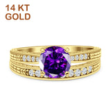 14K Yellow Gold Round Two Piece Amethyst CZ Bridal Ring