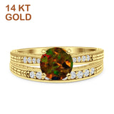 14K Yellow Gold Round Two Piece Lab Created Black Opal Bridal Ring