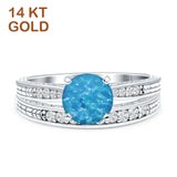 14K White Gold Round Two Piece Lab Created Blue Opa Bridal Ring