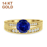 14K Yellow Gold Round Two Piece Blue Sapphire CZ Bridal Ring