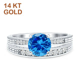 14K White Gold Round Two Piece Blue Topaz CZ Bridal Ring