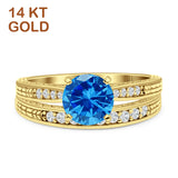14K Yellow Gold Round Two Piece Blue Topaz CZ Bridal Ring