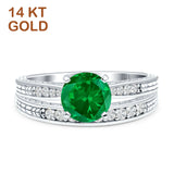 14K White Gold Round Two Piece Green Emerald CZ Bridal Ring