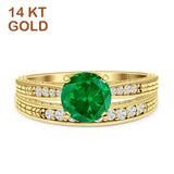 14K Yellow Gold Round Two Piece Green Emerald CZ Bridal Ring