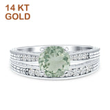 14K White Gold Round Two Piece Natural Green Amethyst Prasiolite Bridal Ring