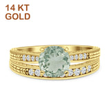 14K Yellow Gold Round Two Piece Natural Green Amethyst Prasiolite Bridal Ring