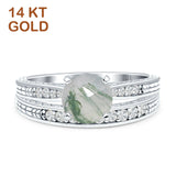 14K White Gold Round Two Piece Natural Green Moss Agate Bridal Ring