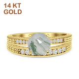 14K Yellow Gold Round Two Piece Natural Green Moss Agate Bridal Ring
