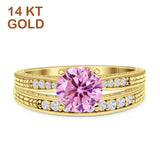 14K Yellow Gold Round Two Piece Pink CZ Bridal Ring