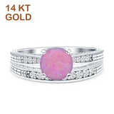 14K White Gold Round Two Piece Lab Created Pink Opal Bridal Ring