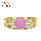 14K Yellow Gold Round Two Piece Lab Created Pink Opal Bridal Ring