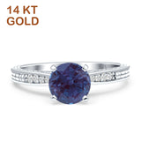 14K White Gold Round Lab Alexandrite Engraved Solitaire Statement Ring