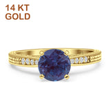 14K Yellow Gold Round Lab Alexandrite Engraved Solitaire Statement Ring