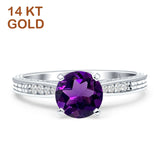 14K White Gold Round Natural Amethyst Engraved Solitaire Statement Ring