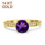 14K Yellow Gold Round Natural Amethyst Engraved Solitaire Statement Ring