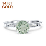 14K White Gold Round Natural Green Amethyst Prasiolite Engraved Solitaire Statement Ring