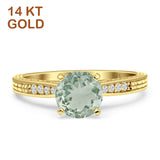 14K Yellow Gold Round Natural Green Amethyst Prasiolite Engraved Solitaire Statement Ring