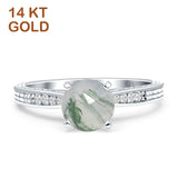 14K White Gold Round Natural Green Moss Agate Engraved Solitaire Statement Ring