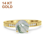 14K Yellow Gold Round Natural Green Moss Agate Engraved Solitaire Statement Ring
