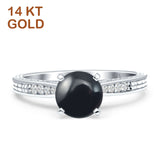 14K White Gold Round Natural Black Onyx Engraved Solitaire Statement Ring