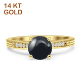14K Yellow Gold Round Natural Black Onyx Engraved Solitaire Statement Ring
