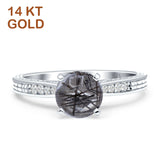 14K White Gold Round Natural Rutilated Quartz Engraved Solitaire Statement Ring