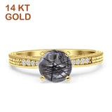 14K Yellow Gold Round Natural Rutilated Quartz Engraved Solitaire Statement Ring