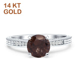 14K White Gold Round Natural Chocolate Smoky Quartz Engraved Solitaire Statement Ring