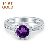 14K White Gold Round Natural Amethyst Floral Art Deco Ring