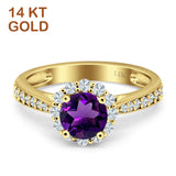 14K Yellow Gold Round Natural Amethyst Floral Art Deco Ring