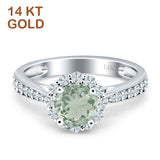 14K White Gold Round Natural Green Amethyst Prasiolite Floral Art Deco Ring