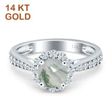 14K White Gold Round Natural Green Moss Agate Floral Art Deco Ring