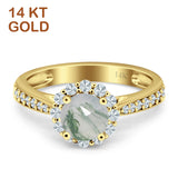 14K Yellow Gold Round Natural Green Moss Agate Floral Art Deco Ring