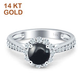 14K White Gold Round Natural Black Onyx Floral Art Deco Ring