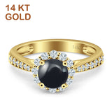 14K Yellow Gold Round Natural Black Onyx Floral Art Deco Ring