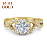 14K Yellow Gold Halo Split Shank Round Cubic Zirconia Twisted Ring