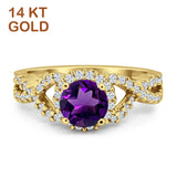 Round Natural Amethyst Split Shank Twisted Ring 14K Yellow Gold