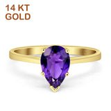 14K Yellow Gold Pear Teardrop Natural Amethyst Solitaire Ring